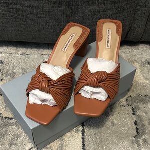 ANTONIO MELANI Cognac Knot-Front Block Heel Mules